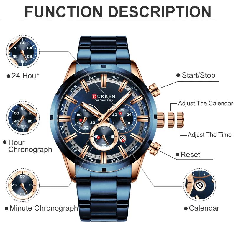 Men Watch Top Brand Luxury Sports Quartz Mens Watches Full Steel Waterproof Chronograph Wristwatch Men Relogio Masculino