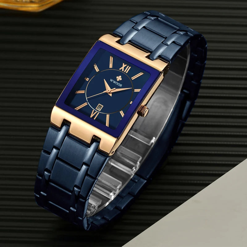 Masculino New Fashion Watches Men  Luxury Square Blue Men's Wristwatch Stainless Steel Waterproof Quartz Clock Male