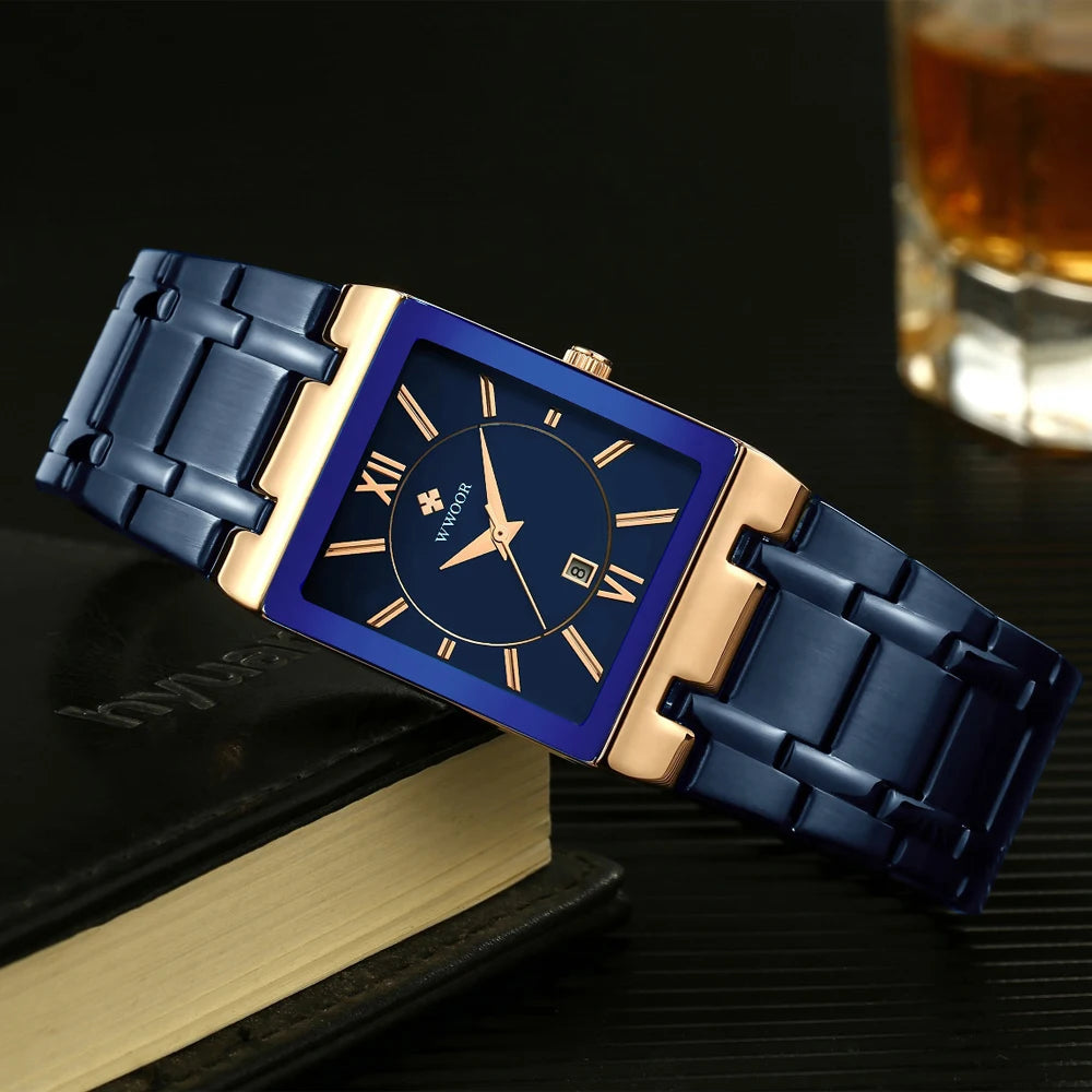 Masculino New Fashion Watches Men  Luxury Square Blue Men's Wristwatch Stainless Steel Waterproof Quartz Clock Male