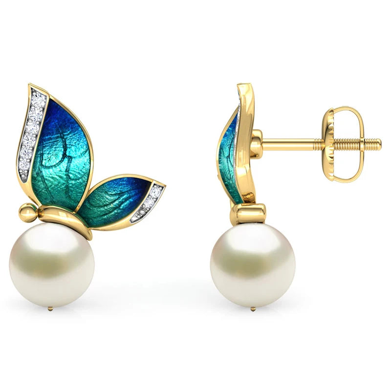 Modern Women Earrings 2024 Fashion Oil Painted Butterfly Design Rhinestone Pearl Stud Earrings For Women Accessories Jewelry