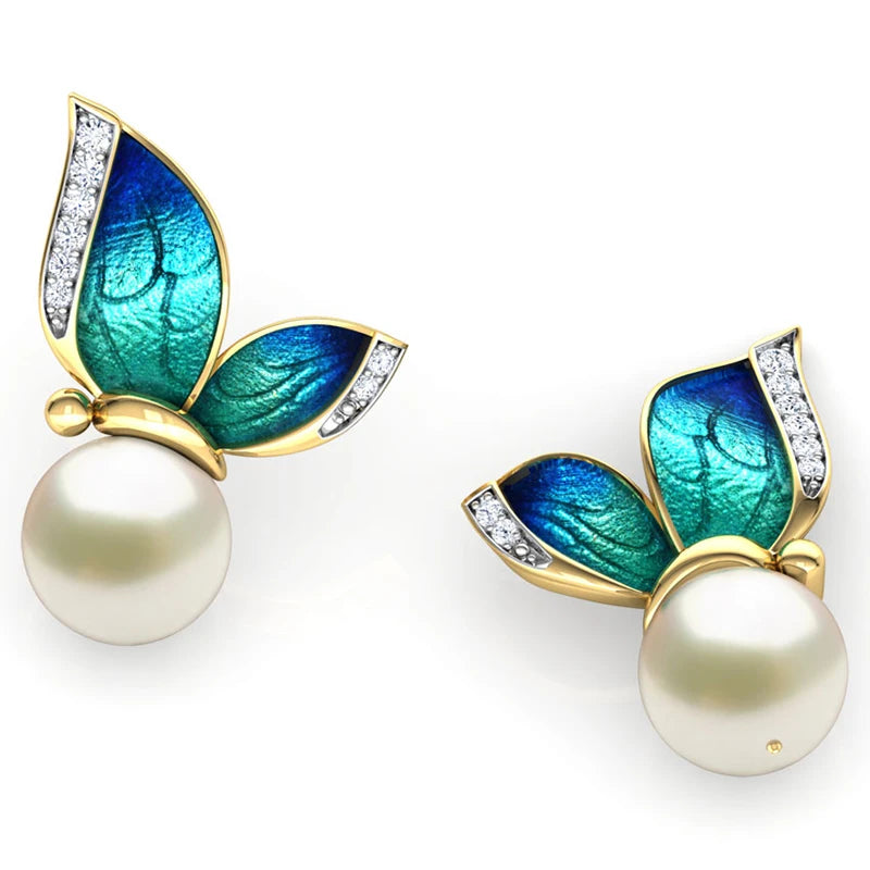 Modern Women Earrings 2024 Fashion Oil Painted Butterfly Design Rhinestone Pearl Stud Earrings For Women Accessories Jewelry