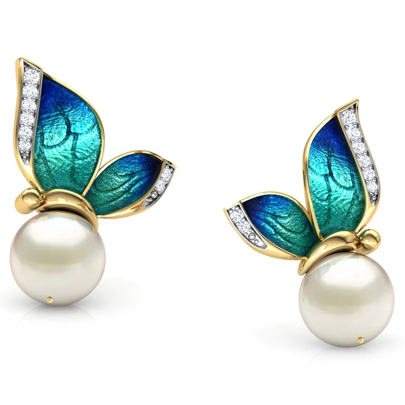 Modern Women Earrings 2024 Fashion Oil Painted Butterfly Design Rhinestone Pearl Stud Earrings For Women Accessories Jewelry