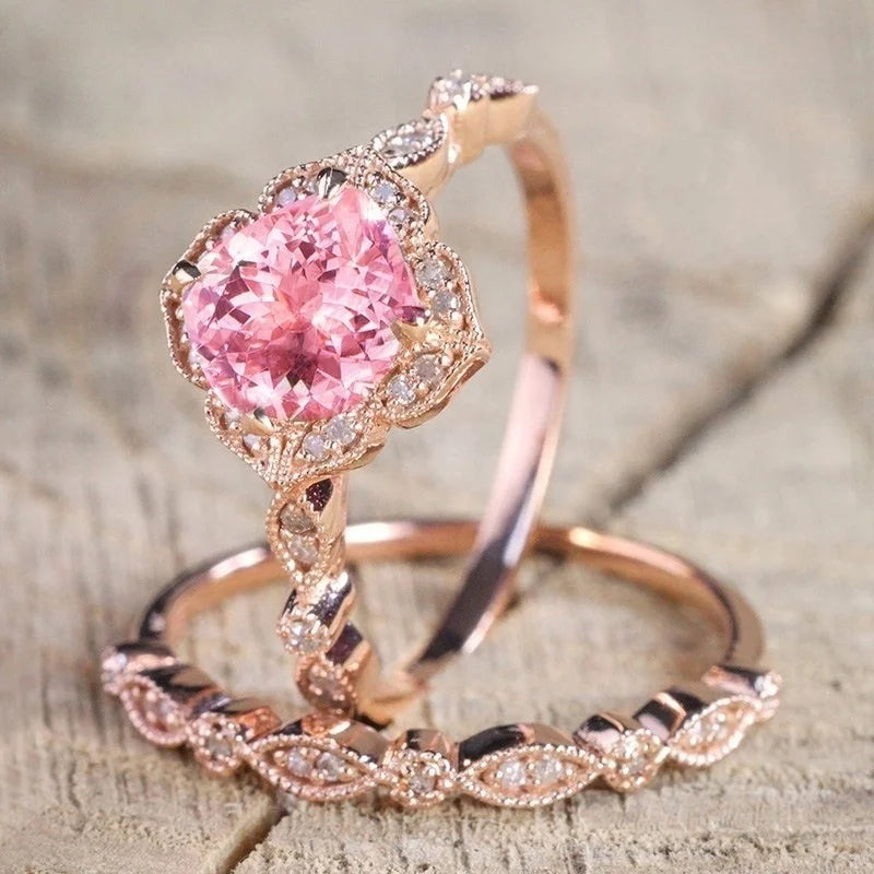 Exquisite Floral Rings Set 2pcs/Set Romantic White /Pink Rhinestones Zircon Ring For Women Accessories Jewelry Rose-Gold-Color