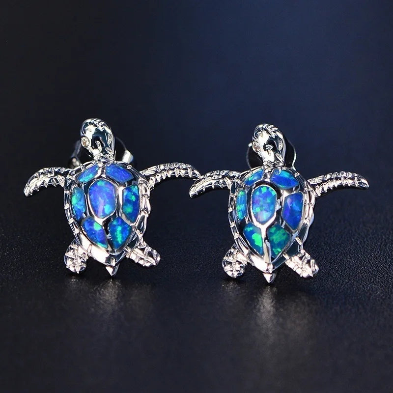 Cute Sea Turtle Blue Imitation Fire Opal Stud Earrings For Women Accessories Fashion Jewelry Wedding Party Birthday Girl Gift