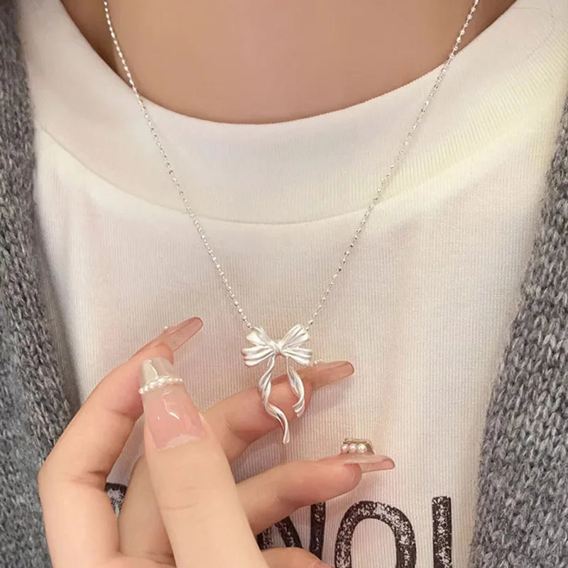 New S925 Sterling Silver Elegant Bow Pendant Necklace Beads Clavicle Chain Luxury Fine Jewelry For Wedding Party Women Gifts