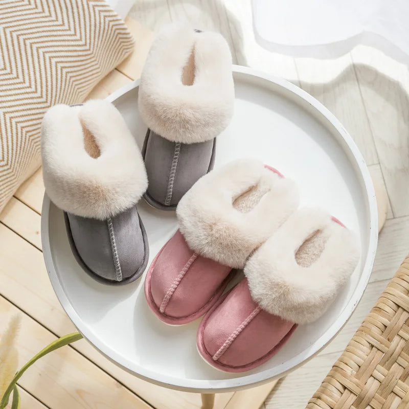 2024 Winter Warm Home Fur Slippers Women Luxury Faux Suede Plush Couple Cotton Shoes Indoor Bedroom Flat Heels Fluffy Slippers