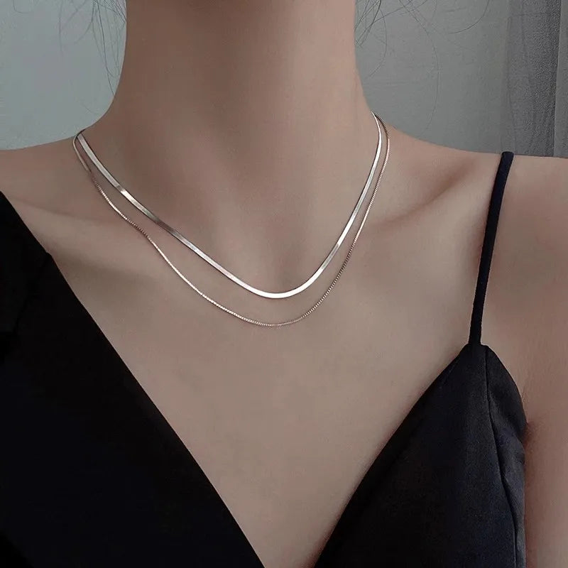 2023 S925 Silver Double Layer Box Chain Snake Clavicle Chain Necklace Female Fashion Hip-hop Retro Unique Design Fine Jewelry