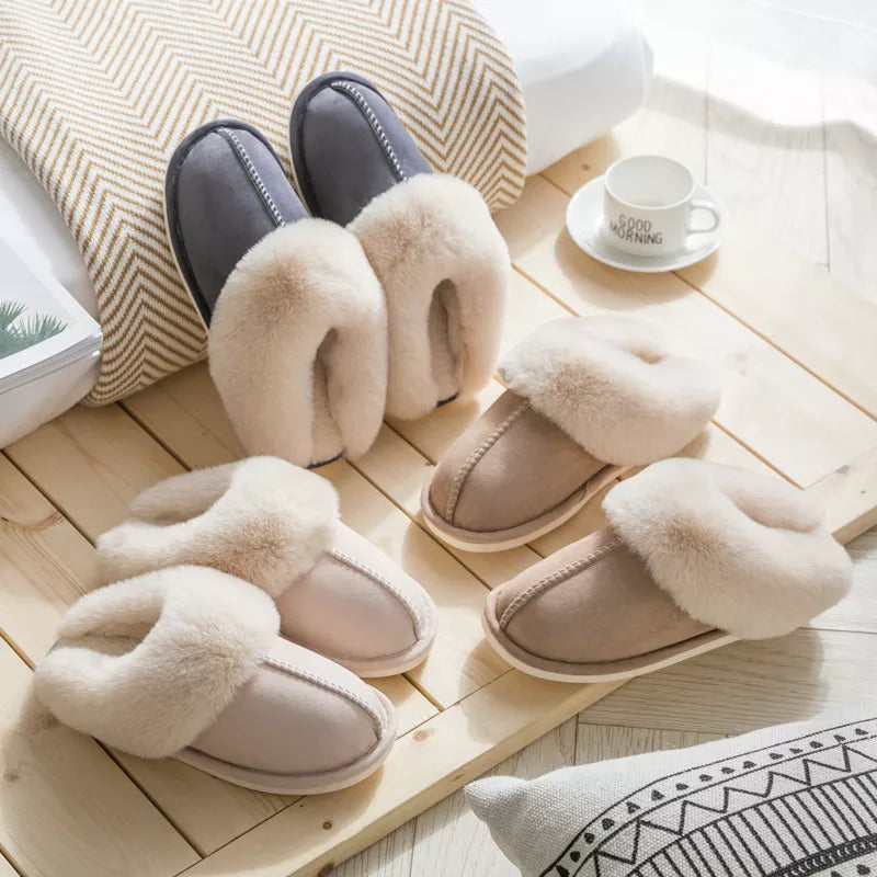 2024 Winter Warm Home Fur Slippers Women Luxury Faux Suede Plush Couple Cotton Shoes Indoor Bedroom Flat Heels Fluffy Slippers