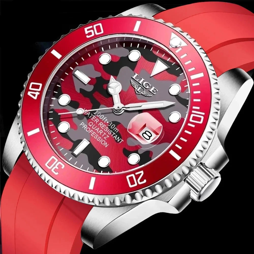 New Fashion Mens Watches Top Brand Luxury Camouflage Quartz Wrist Watch Man Sport Red Silicone Watch for Men