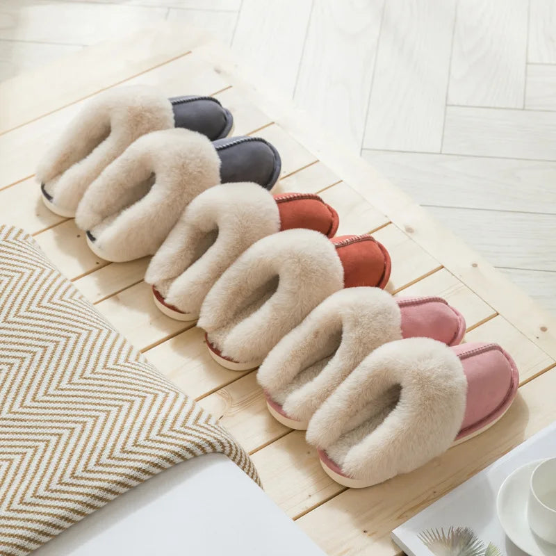 2024 Winter Warm Home Fur Slippers Women Luxury Faux Suede Plush Couple Cotton Shoes Indoor Bedroom Flat Heels Fluffy Slippers