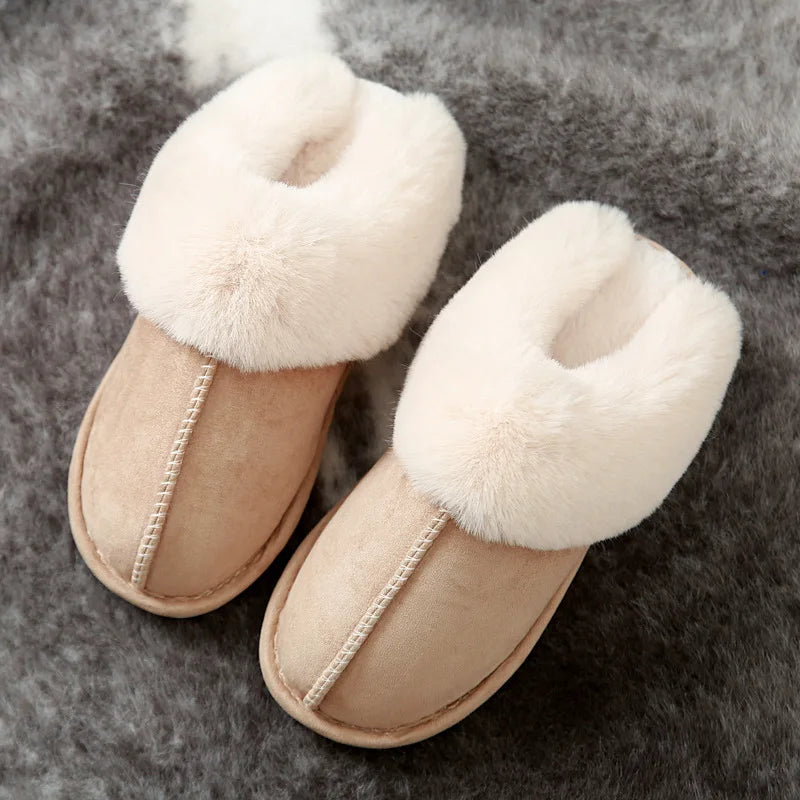 2024 Winter Warm Home Fur Slippers Women Luxury Faux Suede Plush Couple Cotton Shoes Indoor Bedroom Flat Heels Fluffy Slippers