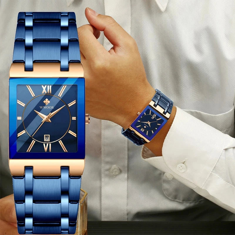 Masculino New Fashion Watches Men  Luxury Square Blue Men's Wristwatch Stainless Steel Waterproof Quartz Clock Male