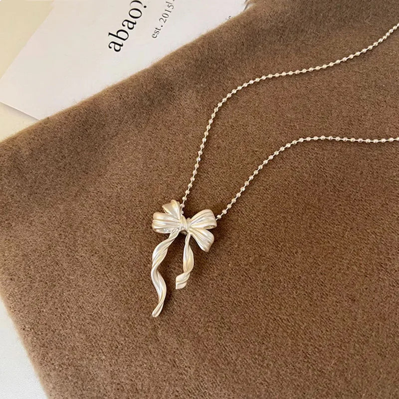 New S925 Sterling Silver Elegant Bow Pendant Necklace Beads Clavicle Chain Luxury Fine Jewelry For Wedding Party Women Gifts