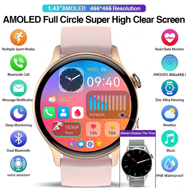 2024 Smartwatch Women 466*466 AMOLED 1.43" HD Screen Always Display Time Bluetooth Call IP67 Waterproof Sports Smart Watch Men