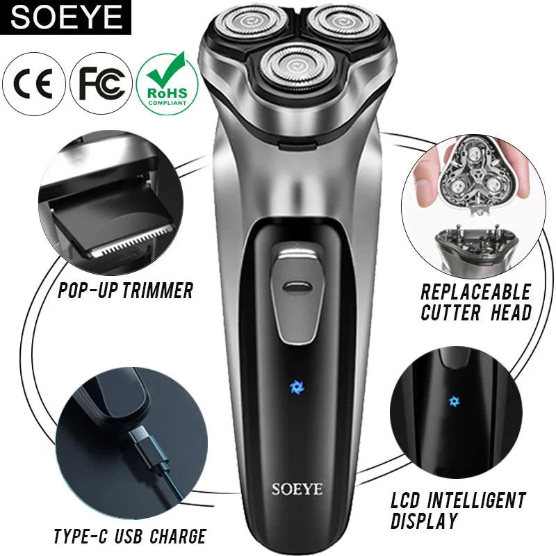 Men's Electric Shaver For Men Shaving Machine SOEYE Beard Trimmer 3D Floating Blade Washable USB Recharge Hair Cutting Machine