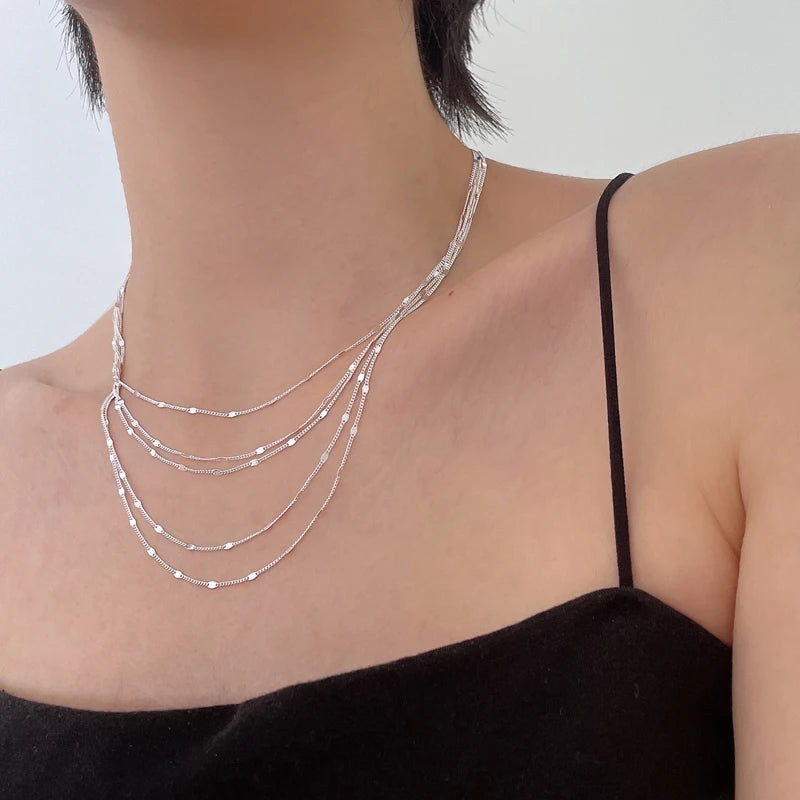 New S925 Sterling Silver Women's Jewelry Collar European Simple Silver Fashion Multi Layers Bar Necklace Clavicle Chains Gifts