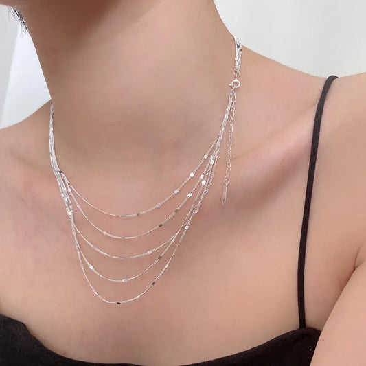 New S925 Sterling Silver Women's Jewelry Collar European Simple Silver Fashion Multi Layers Bar Necklace Clavicle Chains Gifts