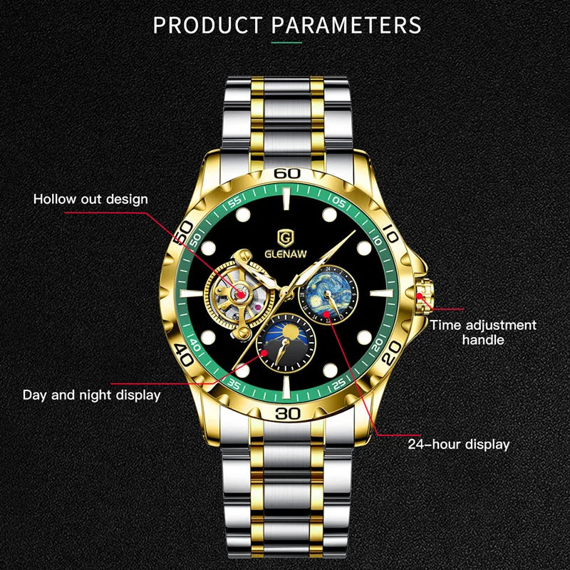 New Brand Moon Phase Luxury Man watch Stainless steel Waterproof watch for men Mechanical Luminous Men's watches Clock