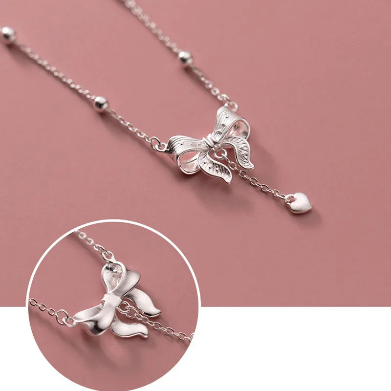 925 Sterling Silver Exquisite Bow Heart Pendant Necklace Beads Chain Luxury Fine Accessories For Women Wedding Party Gifts NK181