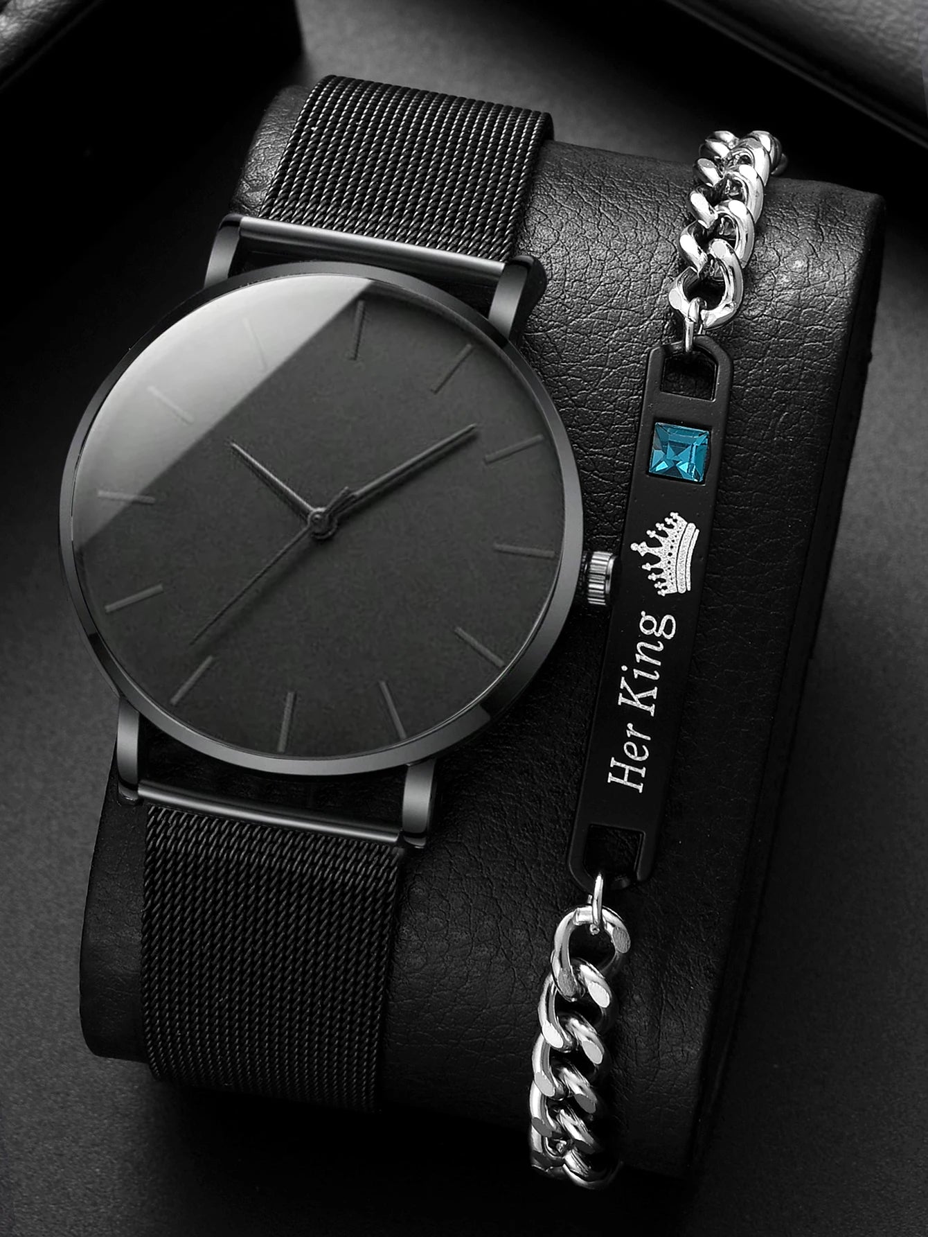 2PCS Set 2023 Minimalist Men's Fashion Ultra Thin Watches Simple Men Business Stainless Steel Mesh Belt Quartz Watch