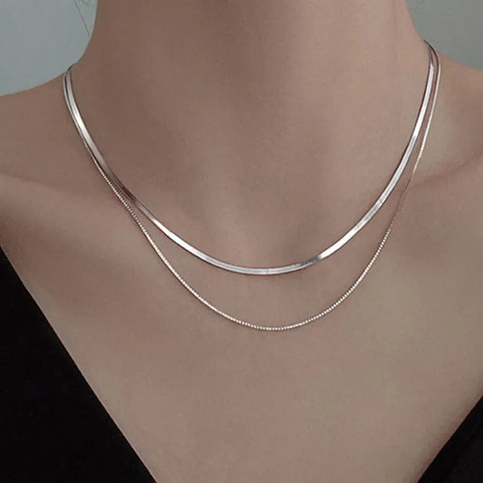 2023 S925 Silver Double Layer Box Chain Snake Clavicle Chain Necklace Female Fashion Hip-hop Retro Unique Design Fine Jewelry