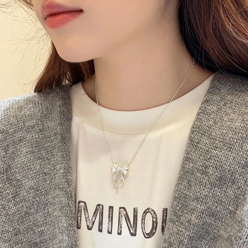 New S925 Sterling Silver Elegant Bow Pendant Necklace Beads Clavicle Chain Luxury Fine Jewelry For Wedding Party Women Gifts